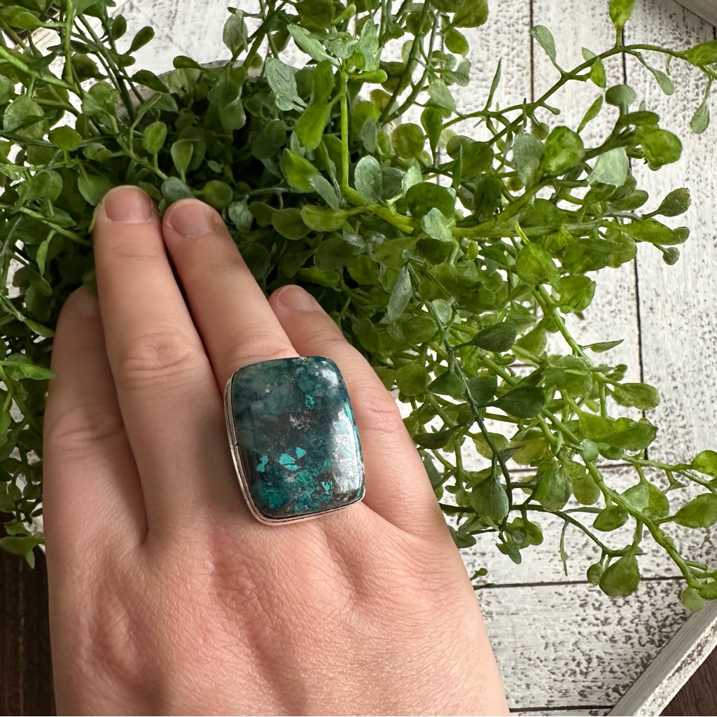 Chrysocolla Blue Green Ring 7.5 Sterling Silver Plated Aqua Blue Green Turquoise